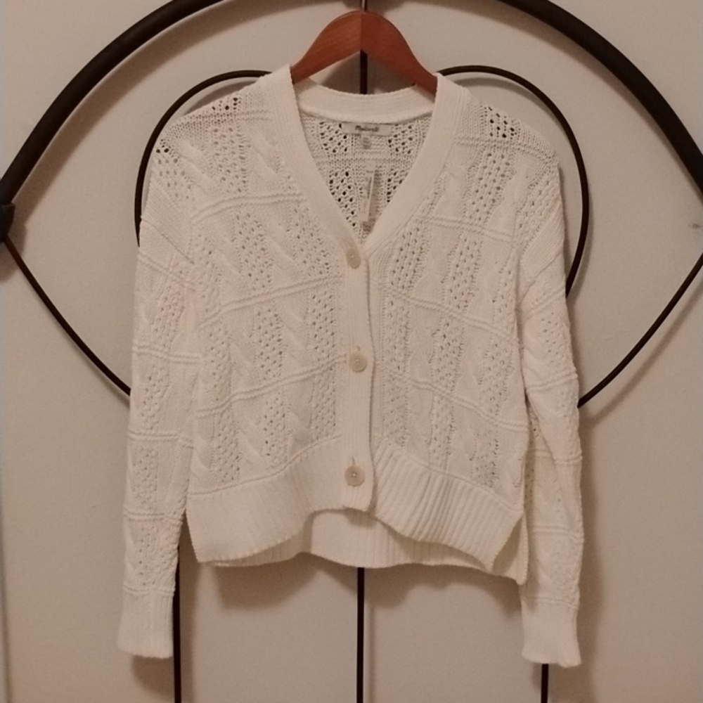 Madewell Cable Knit Cropped Cardigan Sweater Bright Ivory Size XXS NWT